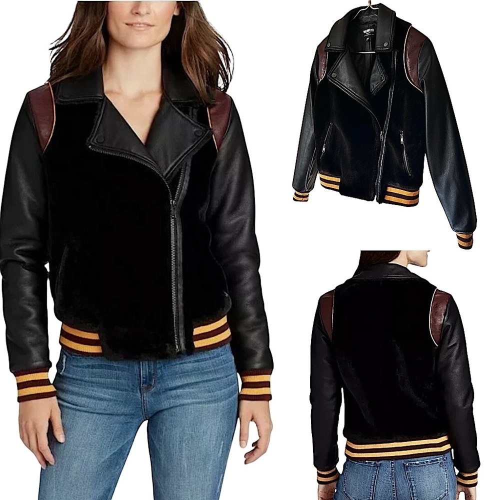 William Rast Noelie Varsity Moto Jacket Black Faux Fur & Leather Oversized Small - Picture 14 of 16